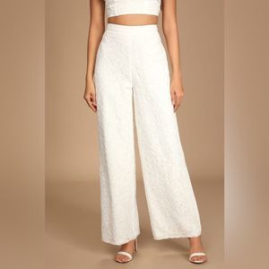 Lulu’s My Love is True White Lace High Rise Wide Leg Pants Size S
